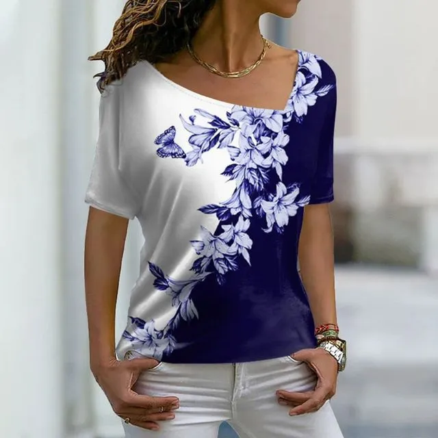 Women's Fashion Asymmetric V-neck T-shirt - Ppt230912A-S