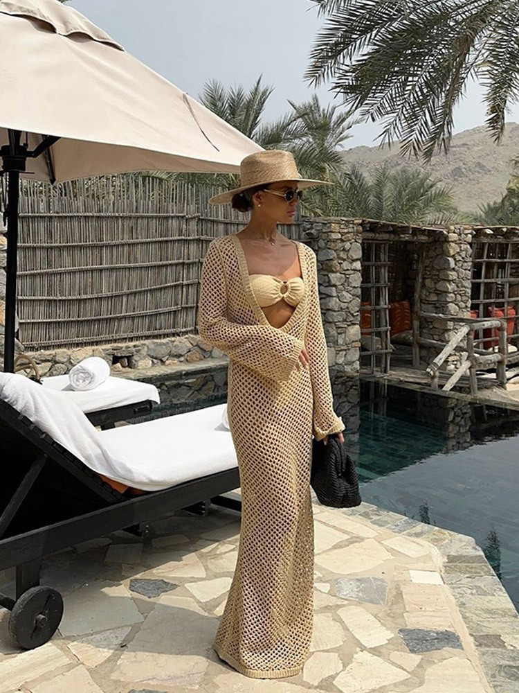 Fashionable Sexy Hollow out Long sleeve Womens Maxi Dress Brown - Shop at LoveMi