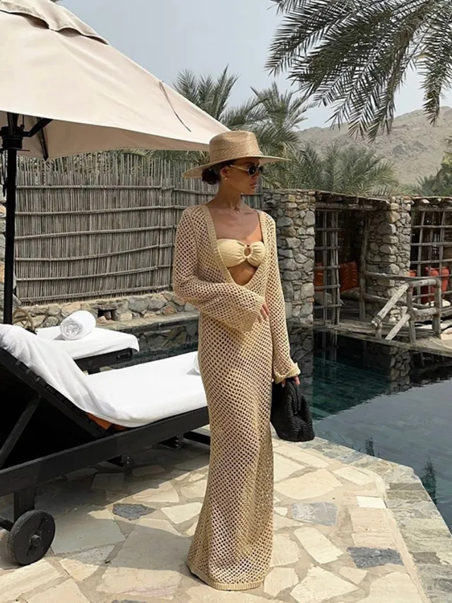 Fashionable Sexy Hollow out Long sleeve Womens Maxi Dress Brown - Shop at LoveMi