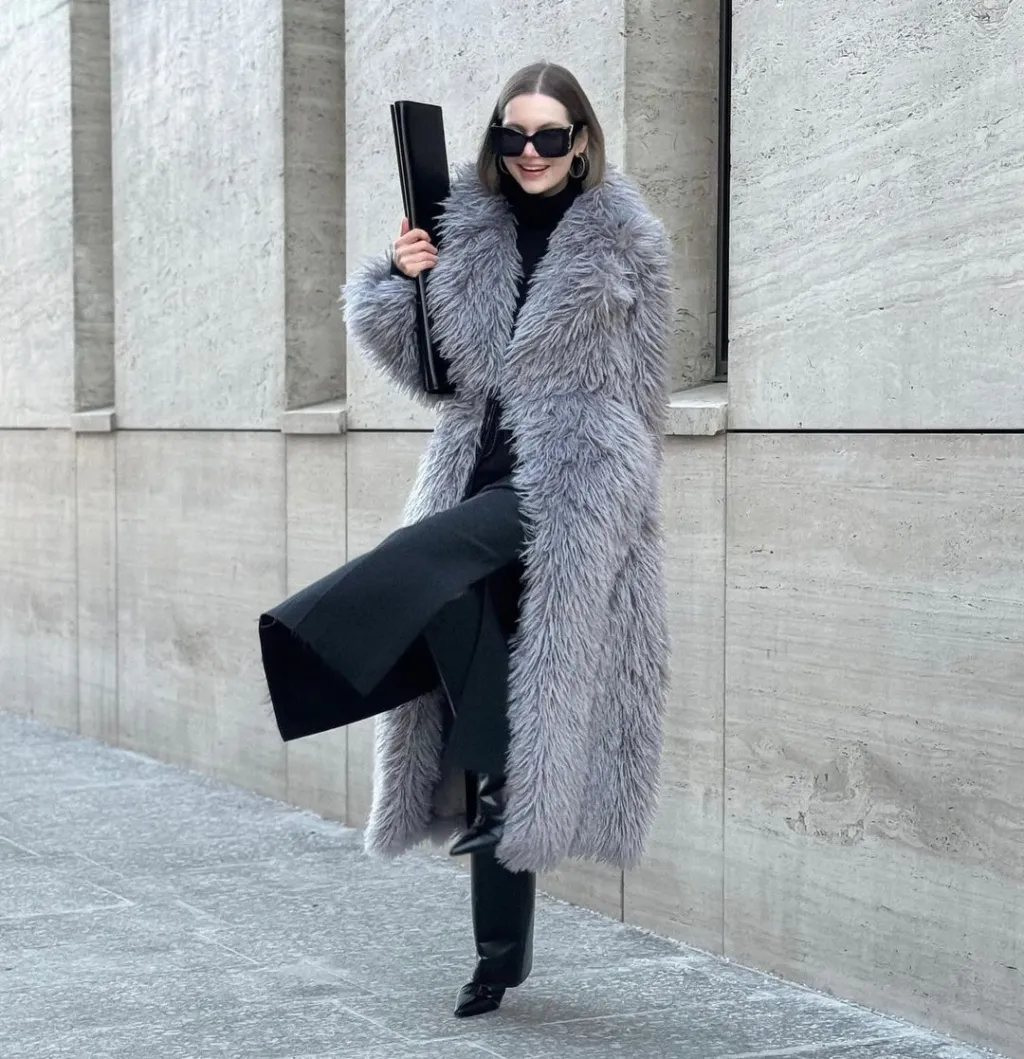 Gray Lapel Extended Plush Coat Warm Thickened Fleece-lined - Gray