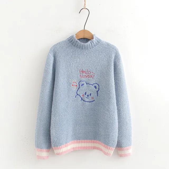 Women's Loose Cartoon Embroidery Half Turtleneck Pullover Blue - Shop at LoveMi