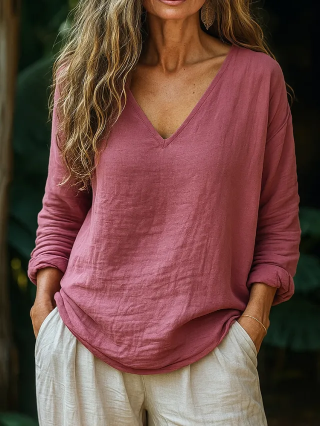 Casual Loose Fashion Cotton And Linen Long sleeved Top Pink - Shop at LoveMi
