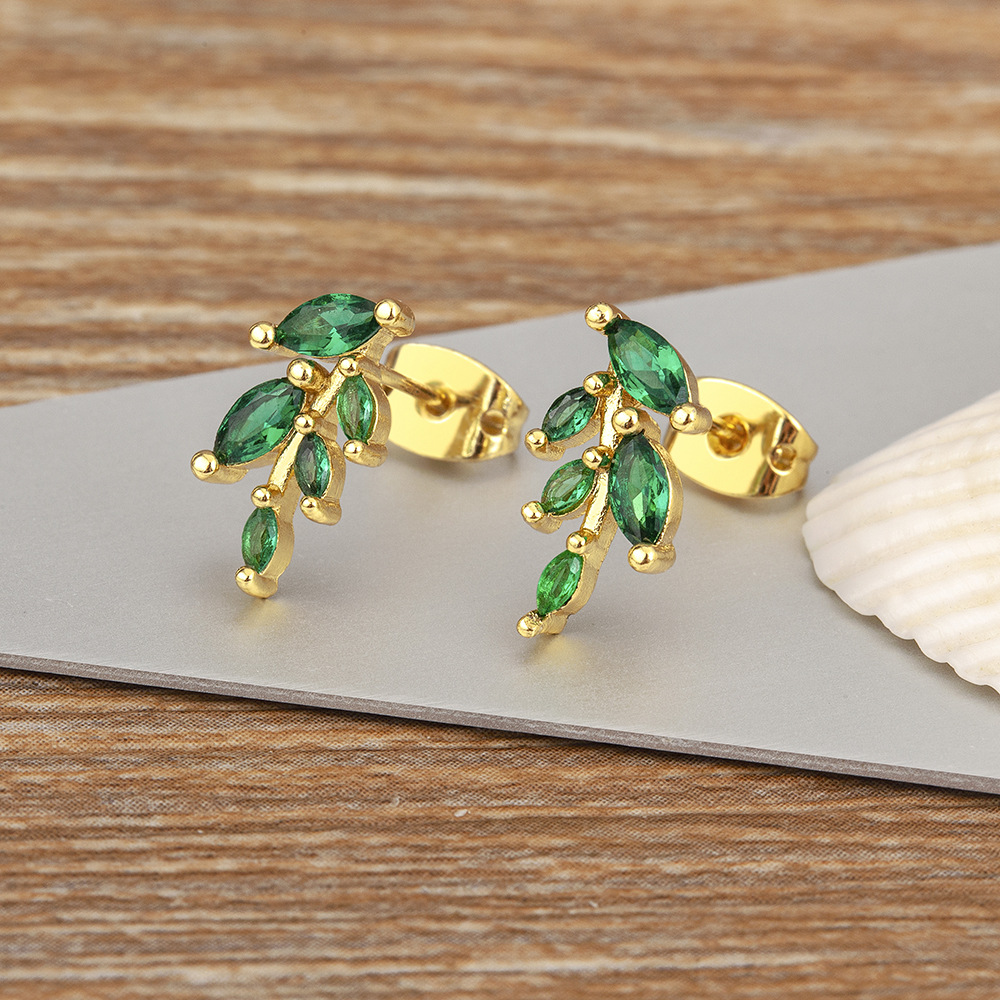 Special-interest Design Copper Plating 18K Real Gold Green Leaf Zircon Earrings