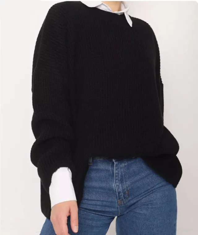 Spring And Autumn Loose Solid Color Knitted Pullover Sweater Black - Shop at LoveMi
