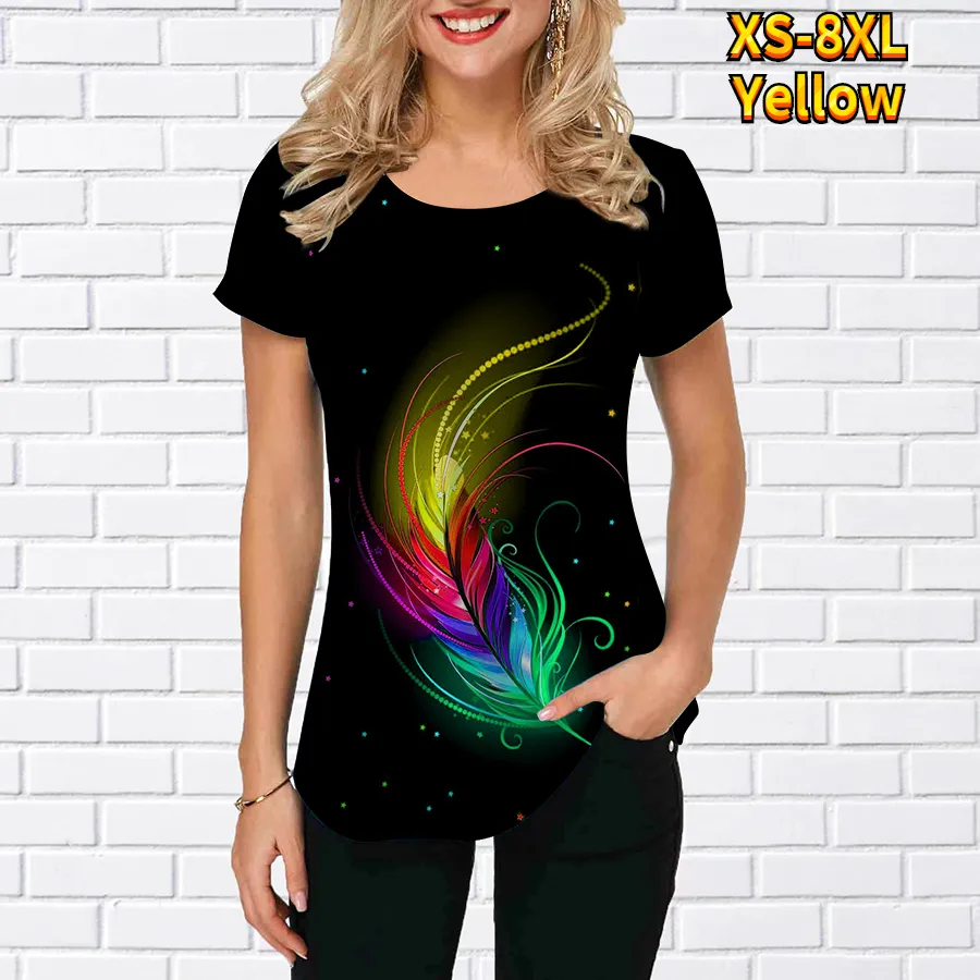 Ladies T-shirt 3D Printed Garden Collar Short Sleeve T-shirt - Yellow