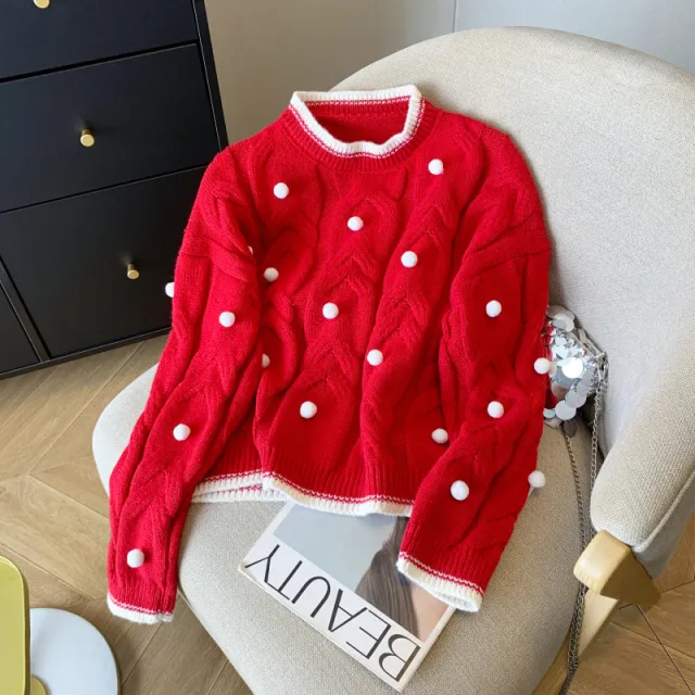 Women's Christmas Three dimensional Ball Sweater Pullover Red - Shop at LoveMi