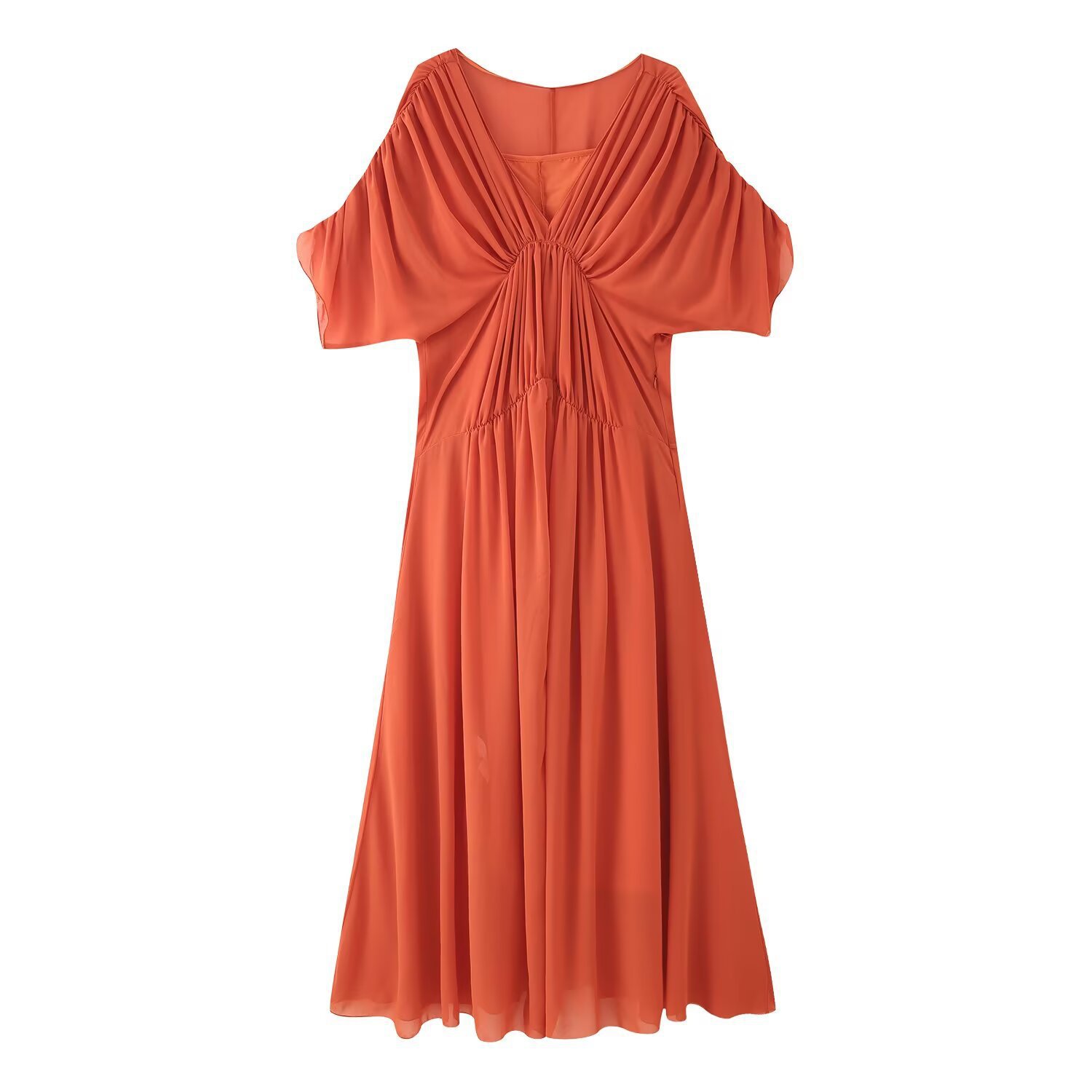 Cape style Sleeve Collar Pleated Midi Skirt Dress Brick Red - Shop at LoveMi