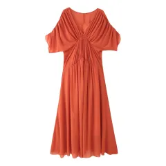 Cape-style Sleeve Collar Pleated Midi Skirt Dress - Brick Red - View 1