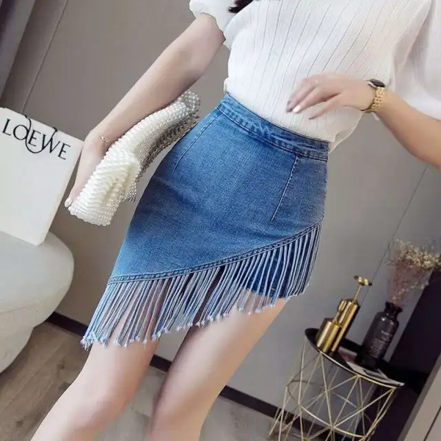 Fashion New Tassel Denim Skirt For Women Light Blue - Shop at LoveMi
