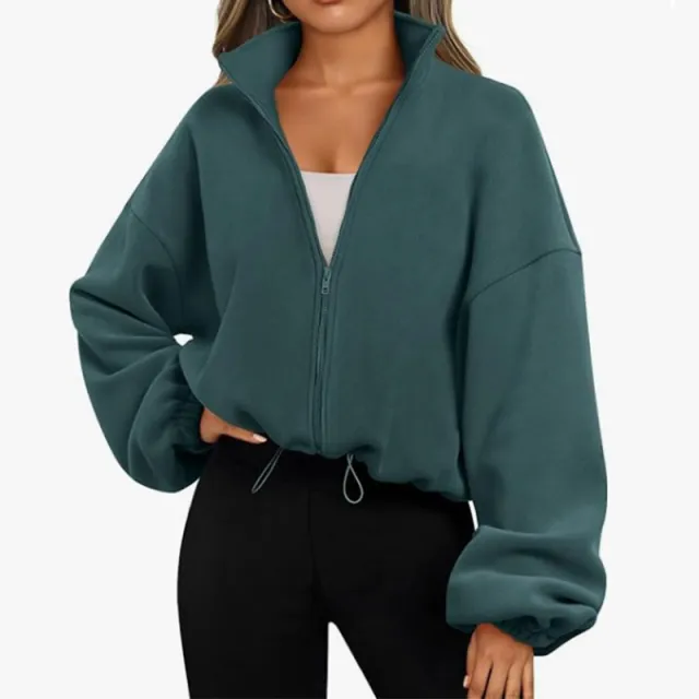 Loose Lapel Cardigan Zipper Sweater Peacock Green - Shop at LoveMi
