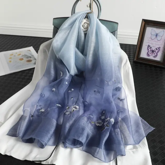 Women's Wool Silk Embroidery Gradient Scarf Sunscreen Shawl Blue - Shop at LoveMi