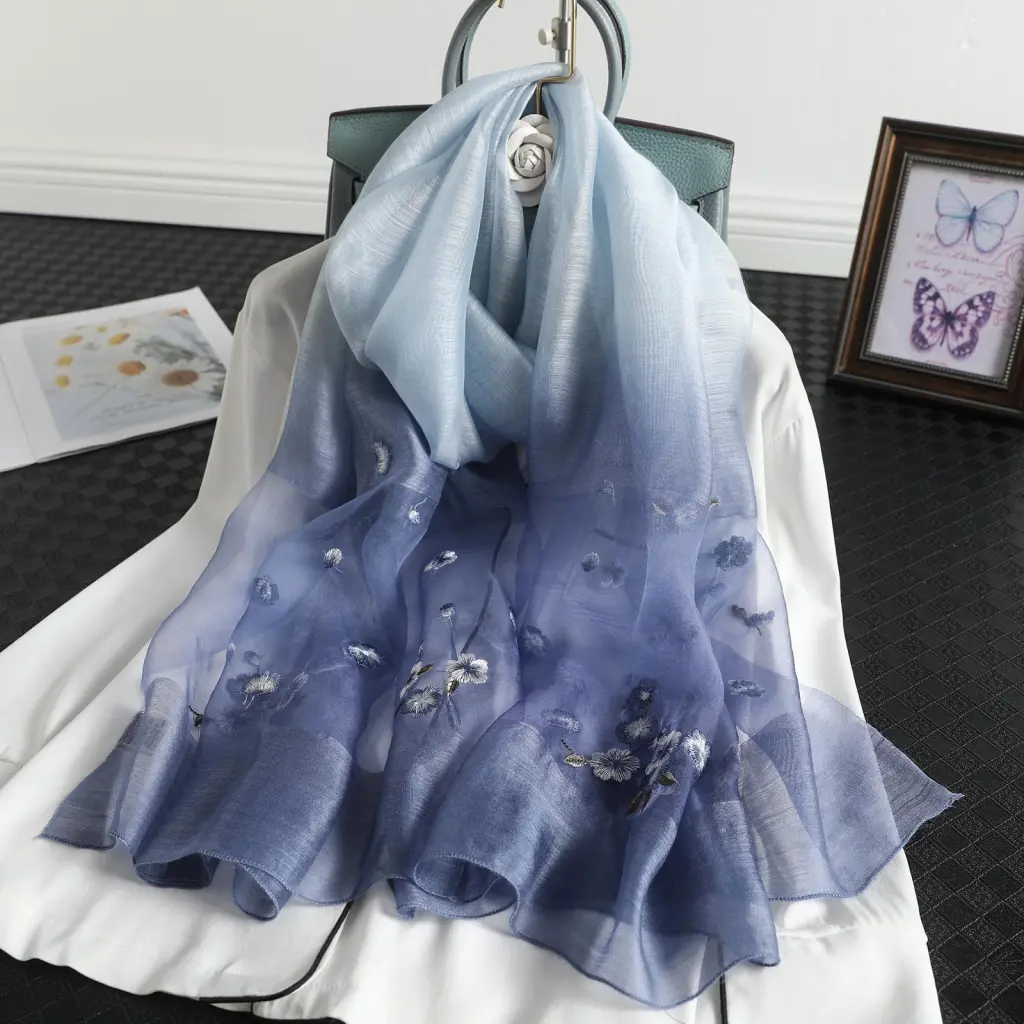 Women's Wool Silk Embroidery Gradient Scarf Sunscreen Shawl - Blue