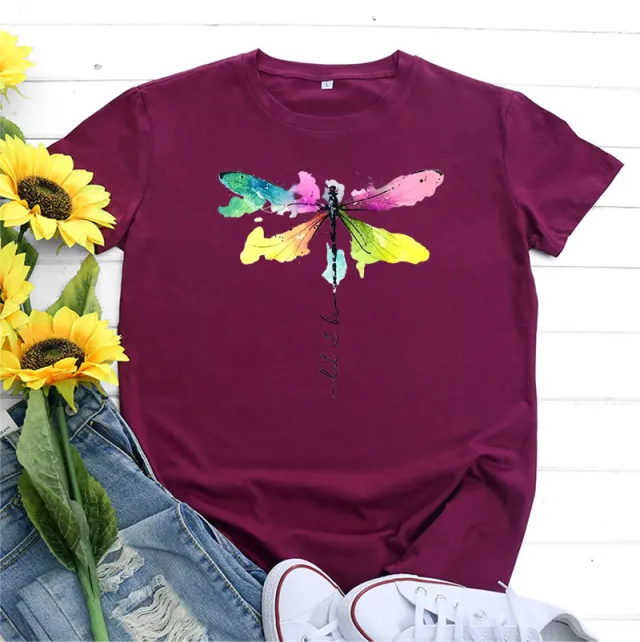 Women's Fashion Casual Dragonfly Printed Round Neck Short Sleeve T shirt Top Wine - Shop at LoveMi