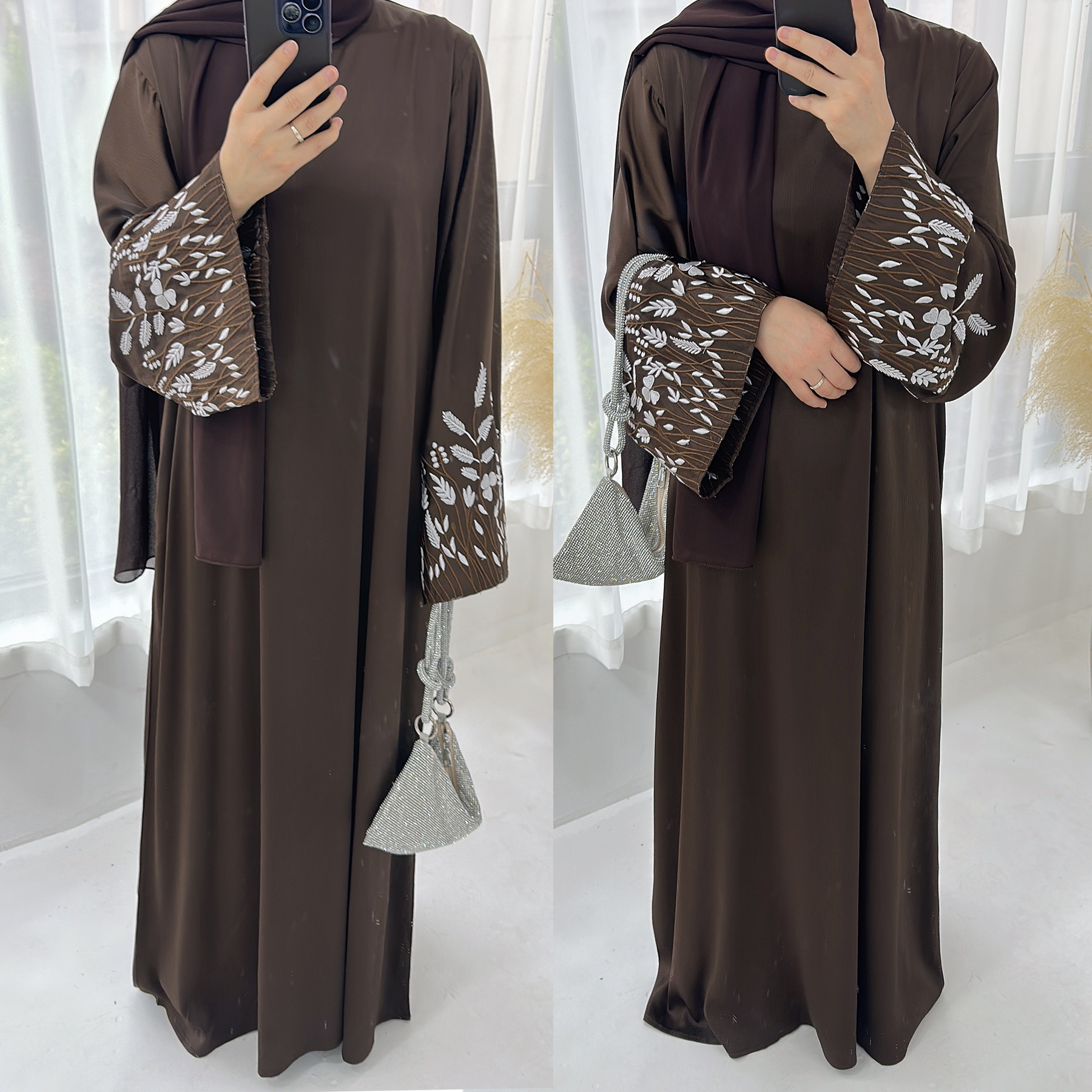 Women's Casual Embroidered Leaves Elegant Dress Robe