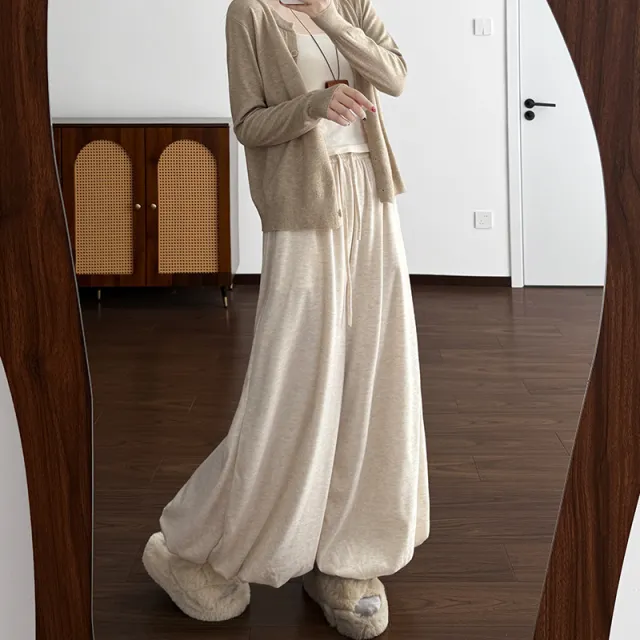 Womens High Waisted Fleece Lined Solid Color Lamb Wool Bloomer Culottes Beige - Shop at LoveMi