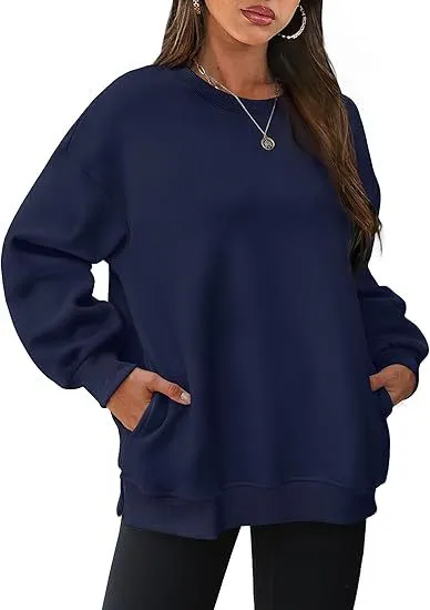 Women's Round Neck Pullover Oversized Loose Velvet Long Sleeve Sweatshirt Navy Blue - Shop at LoveMi