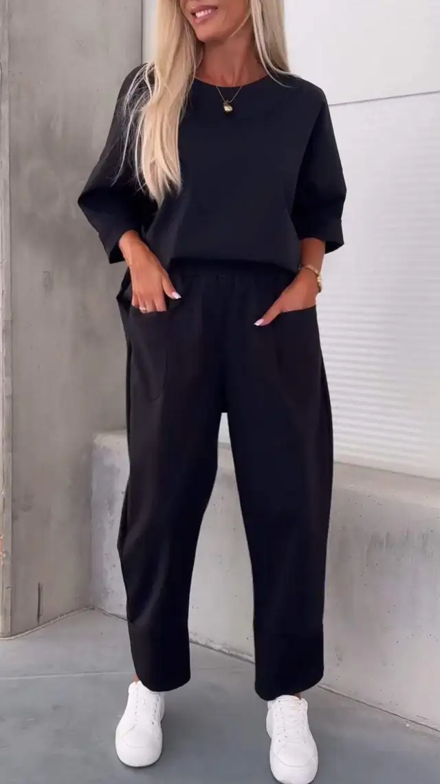Two piece Solid Color Round Neck Cropped Pants Set Black - Shop at LoveMi