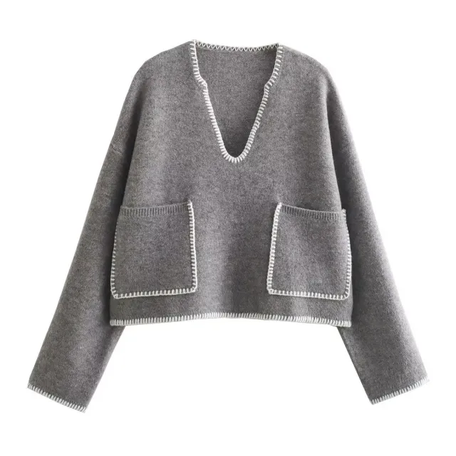 Color Contrast Decorative Short Sweater Gray - Shop at LoveMi
