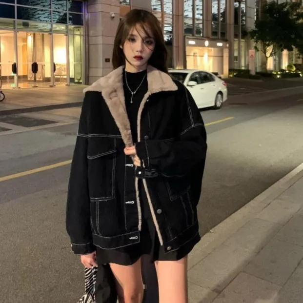 Double sided Lamb Wool Coat Winter Denim Cotton Coat Ins Black - Shop at LoveMi