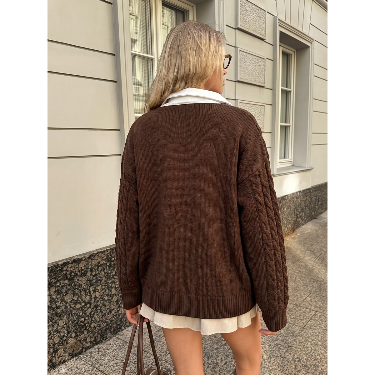 Loose-fitting Figure-flattering Mid-length V-neck Outerwear Sweater For Women