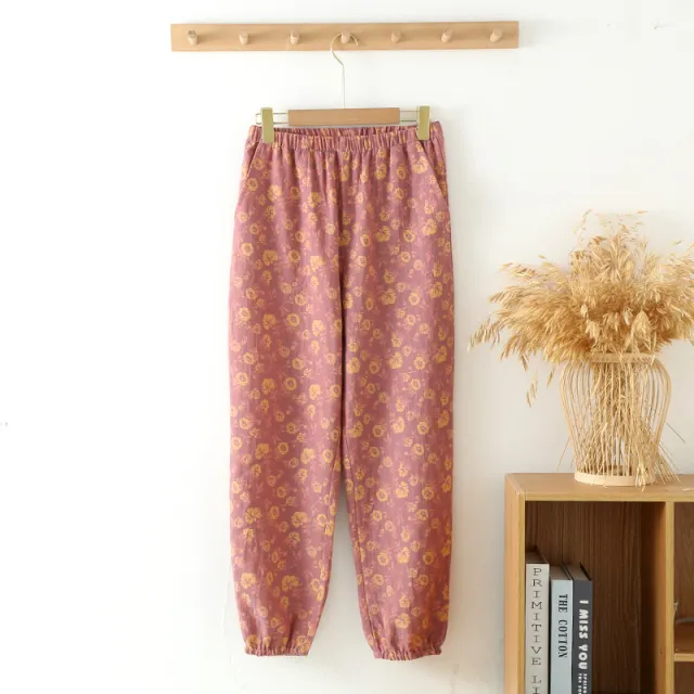 Spring And Autumn Yarn dyed Pure Cotton Home Trousers For Women Purple - Shop at LoveMi