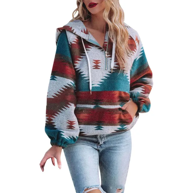 Women's Retro Fashion Half Zip Long Sleeve Sweatshirt M2590802 - Shop at LoveMi