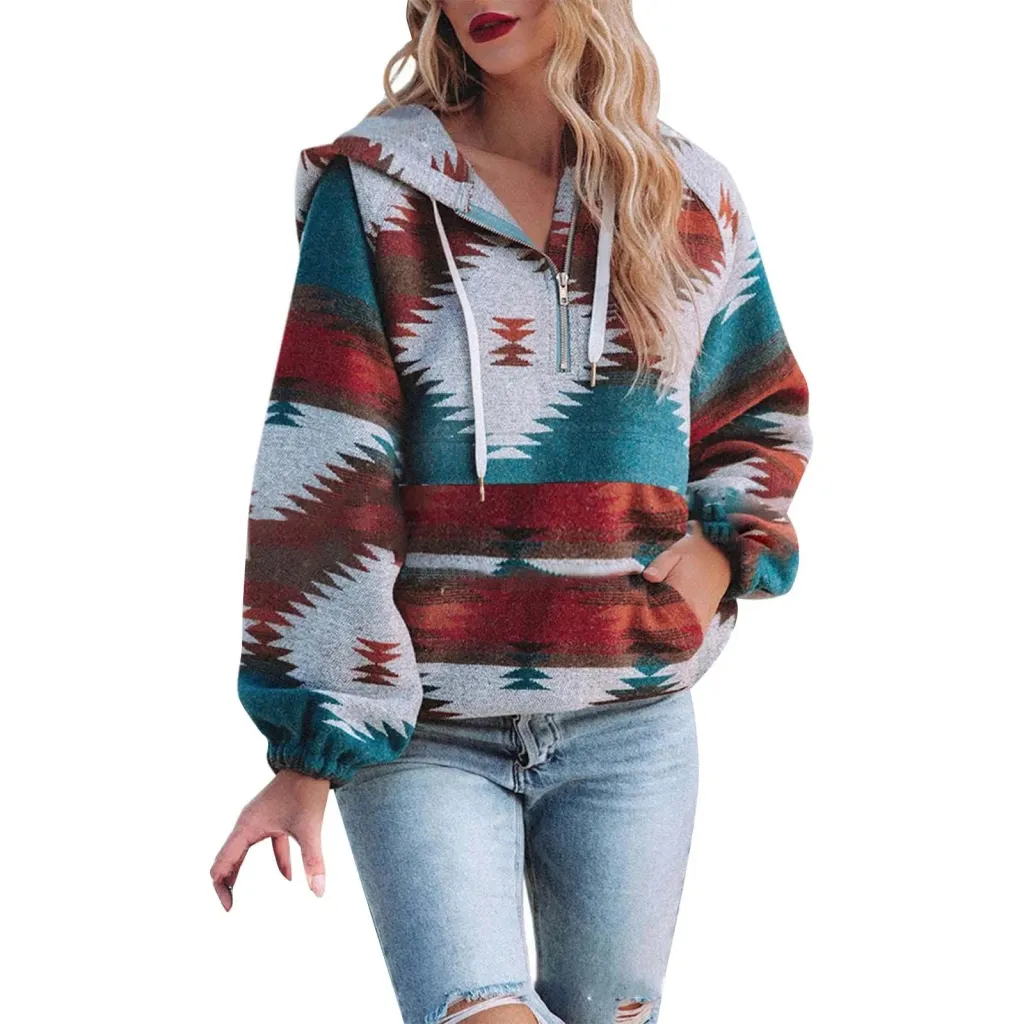 Women's Retro Fashion Half-Zip Long Sleeve Sweatshirt - M2590802