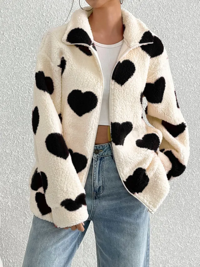 Women's Plush Loving Heart Printed Coat Black Heart - Shop at LoveMi