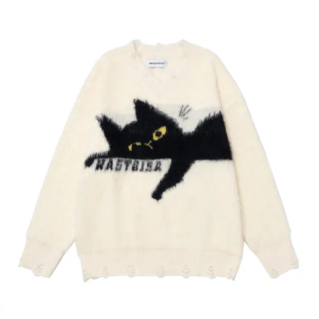 Retro Soft Glutinous Round Neck Set Idle Style Cat Loose Sweater Sweater Apricot - Shop at LoveMi
