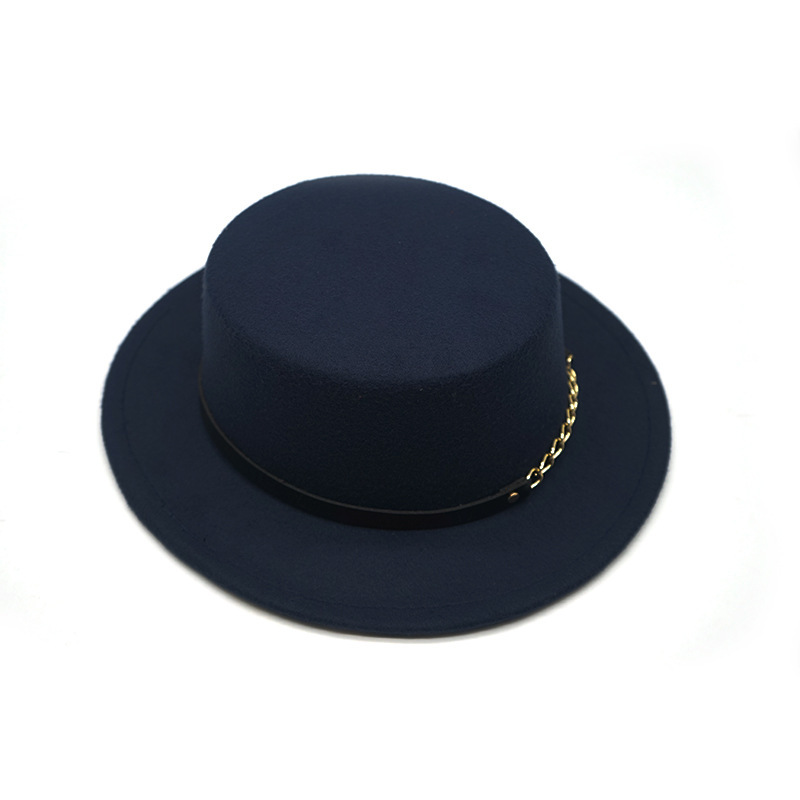 Men's And Women's Retro British Style Chain Solid Color Flat Top Hat Navy Blue - Shop at LoveMi