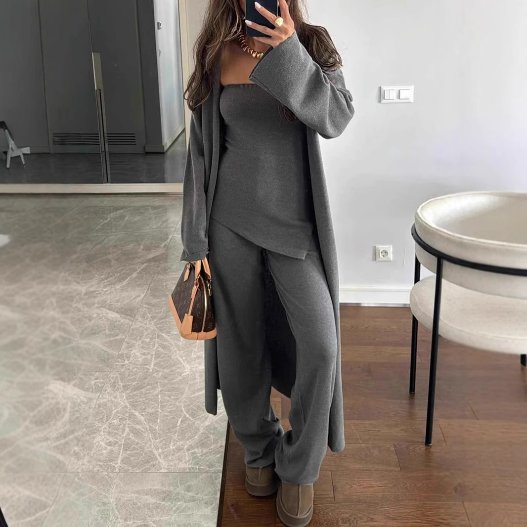 New Style Casual Solid Color Knitted Three-Piece Set Loose Long Coat And Wide-Leg Pants For Women