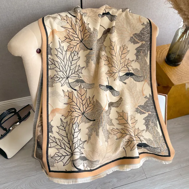 Artificial Cashmere Scarf Women's Elegant New Maple Leaf Printed Shawl Khaki - Shop at LoveMi
