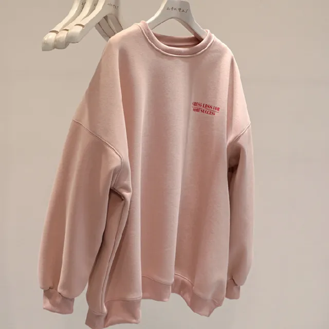 Fleece lined Thick Lazy Round Neck Loose Sweatshirt Women Pink - Shop at LoveMi