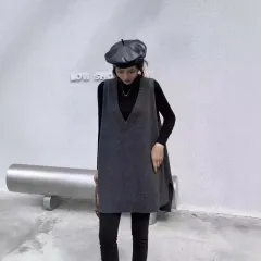 Large V-neck Loose Solid Colour Sleeveless Korean Style Knitted Vest - Dark Grey - View 1