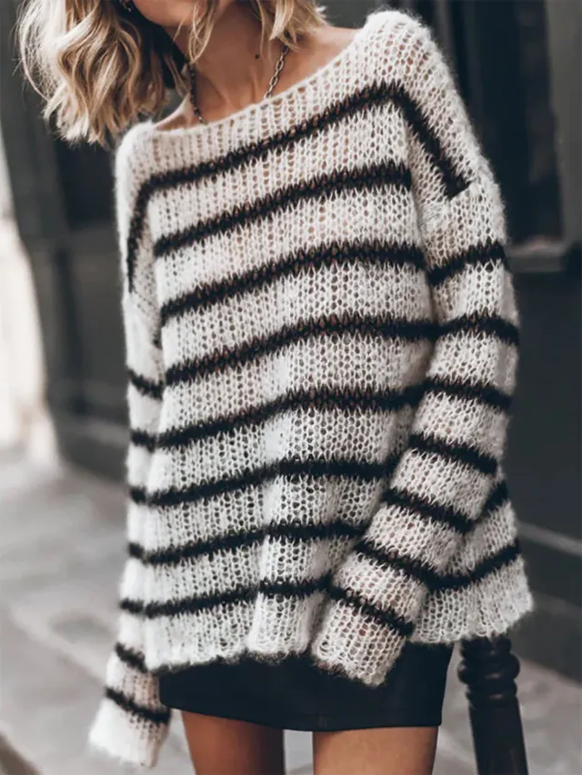 Sweater Women's Round Neck Long Sleeve Striped Blouse Casual Spring And Summer Mixed Color - Shop at LoveMi