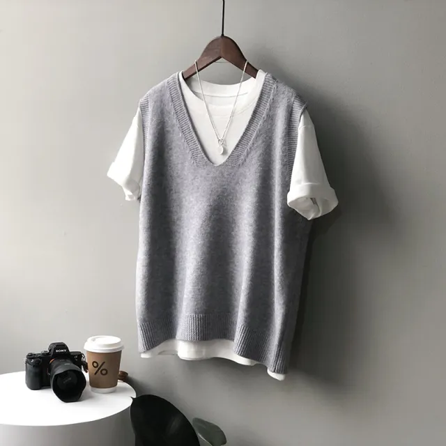 Preppy Style V neck Loose And Idle Sleeveless Waistcoat Gray - Shop at LoveMi