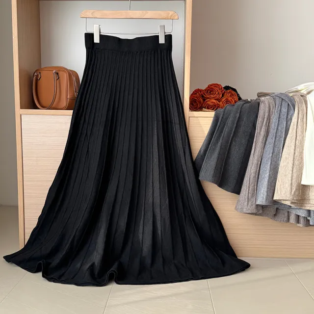 Korean Elastic Waist Knitted Pleated Skirt Black - Shop at LoveMi