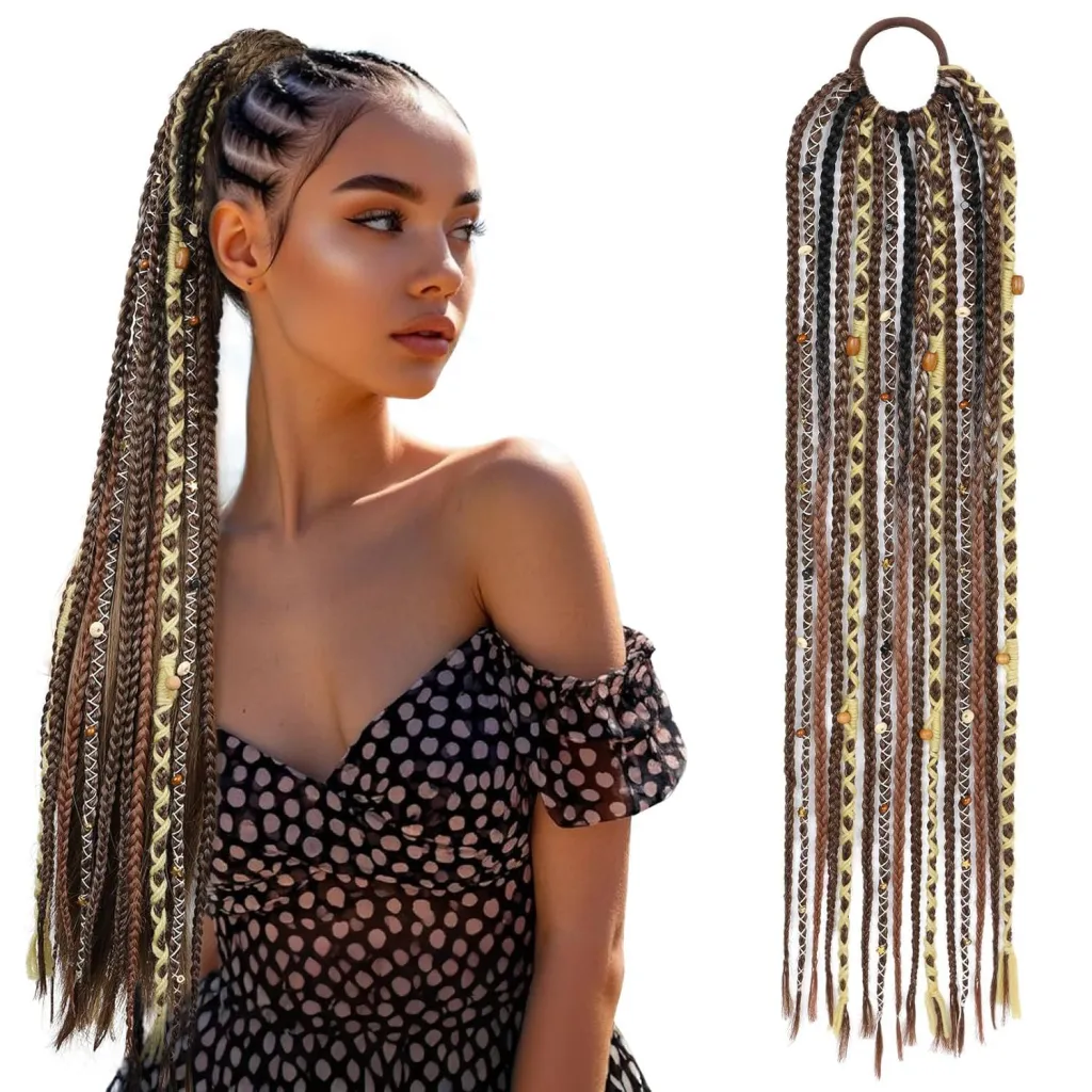 Braided Ponytail Braid Lock Beads Hair Extension - Dark Brown Light Brown