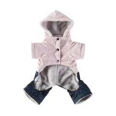 Corduroy Pet Four-legged Hooded Fleece Lined Coat - Pink Feet With Denim - View 1