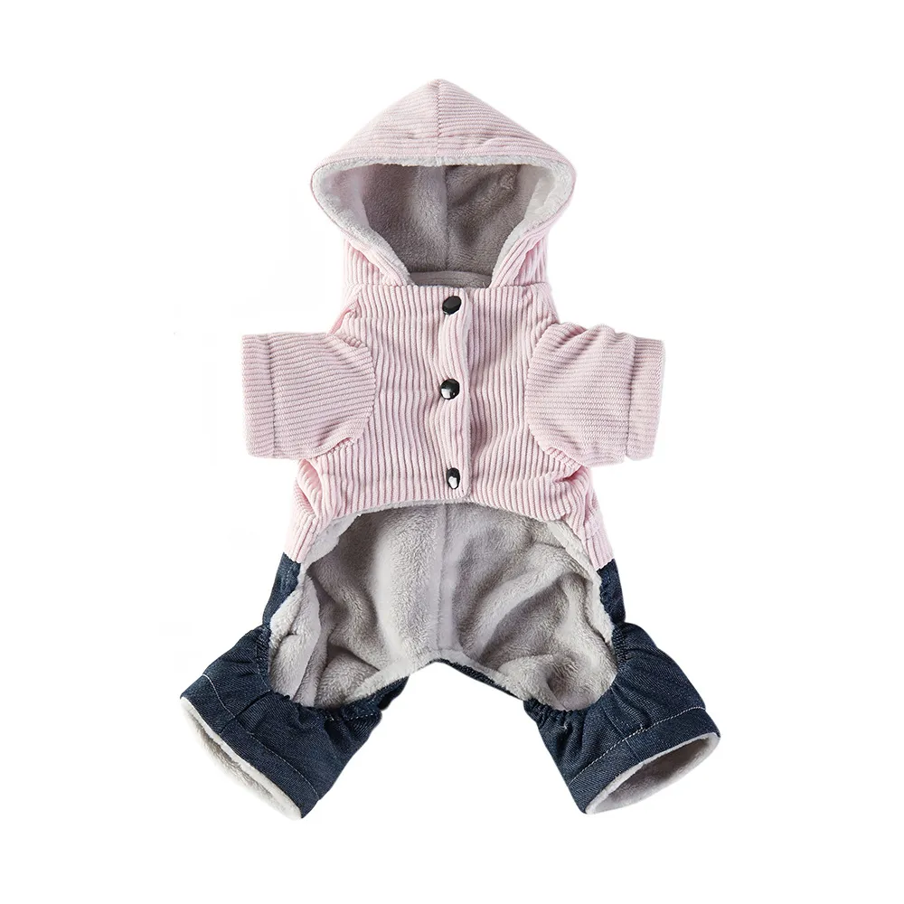 Corduroy Pet Four-legged Hooded Fleece Lined Coat - Pink Feet With Denim