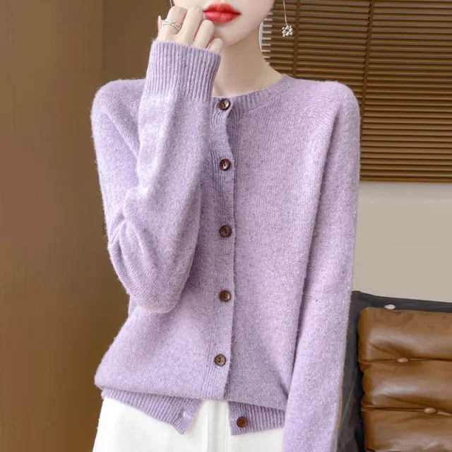 Women's Pure Wool Sweater Loose Round Neck Fashion Coat Purple - Shop at LoveMi
