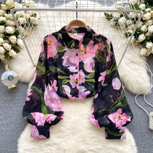 French Retro Tulle Floral Shirt For Women Summer Black Bottom With Pink Flower - Shop at LoveMi