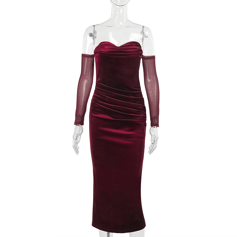 Sexy Off the shoulder Velvet Pleated Evening Gown Wine - Shop at LoveMi