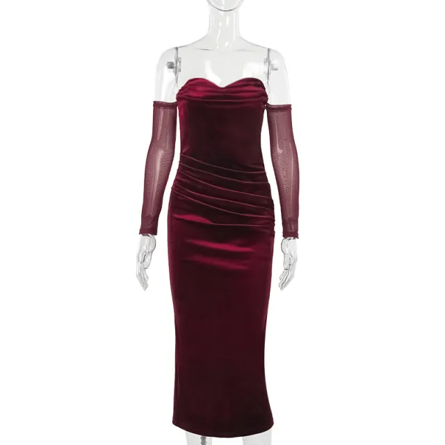 Sexy Off the shoulder Velvet Pleated Evening Gown Red - Shop at LoveMi