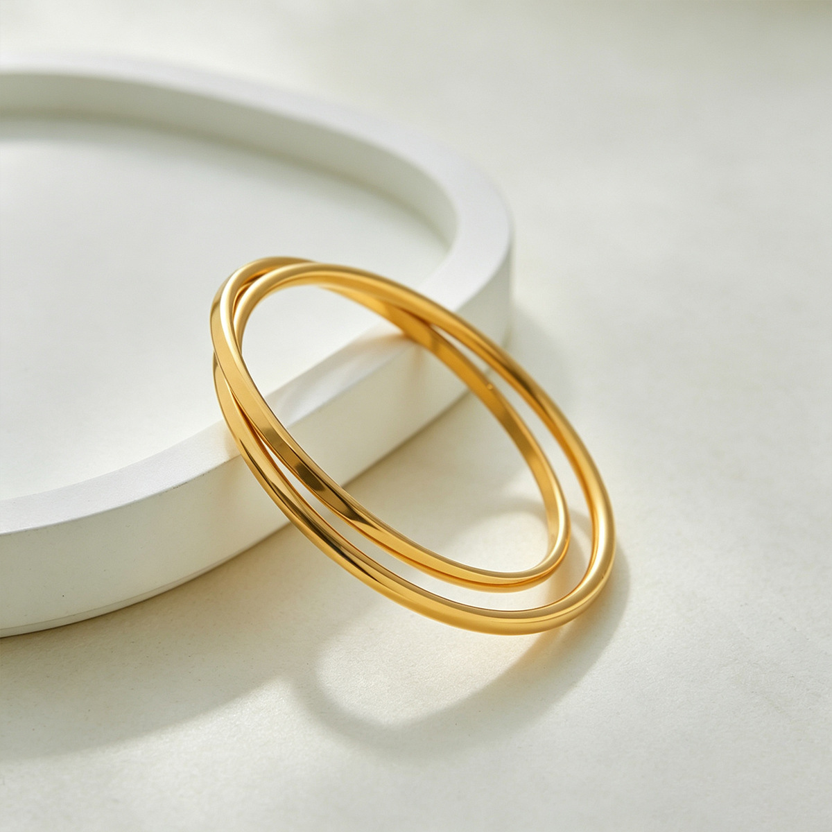 Womens Polished Gold-Plated Stainless Steel Double-Ring Bracelet