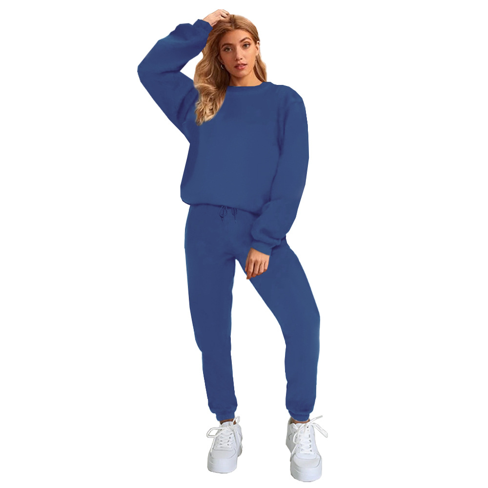 Women's Solid Color Round Neck Pullover Sweatshirt Pants Blue - Shop at LoveMi