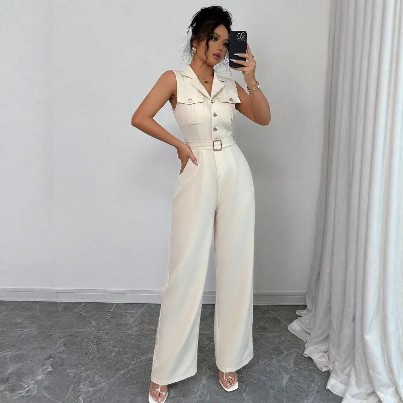 Womens Summer Waist-Cinching Wide-Leg Jumpsuit