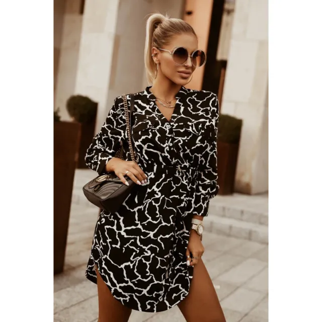 Autumn And Winter New Fashion Waist controlled Tied Long Sleeves Printed Shirt Dress Black - Shop at LoveMi