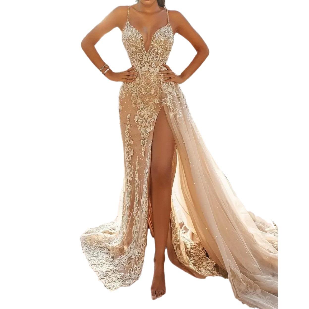 Women's Sling Dress Sleeveless V-neck Slit Lace Hollow Out