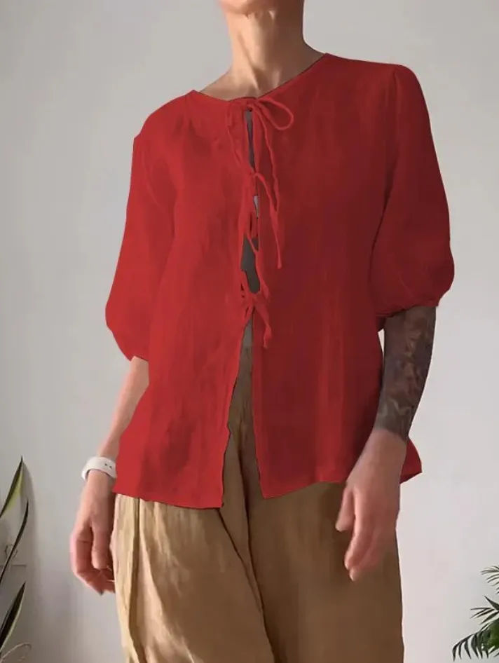Fashion Casual Solid Color Round Neck Tied Shirt High Waist Wide Leg Pants - Red